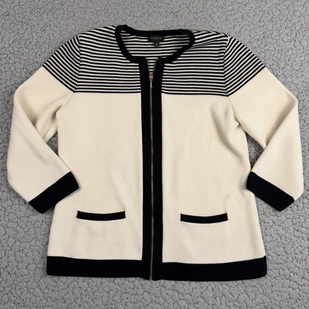 Talbots Womens Sweater Medium Long Sleeve Full Zip Knit Pockets Cream Cardigan